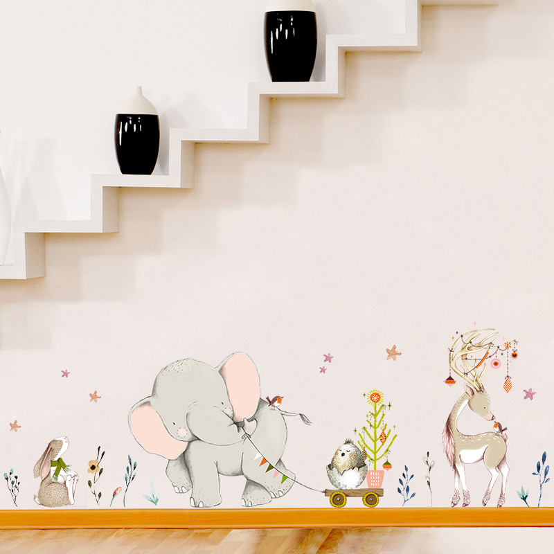 Baby Nursery Mural Wallpaper - Stiker Dinding Kelinci Gajah Bayi Bahagia