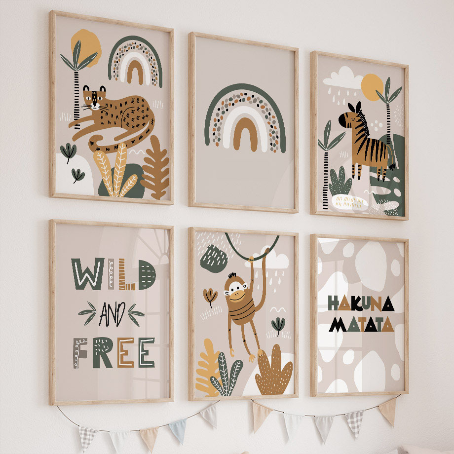 Baby Nursery Jungle Animals - Lukisan Kanvas Seni Dinding Kamar Anak