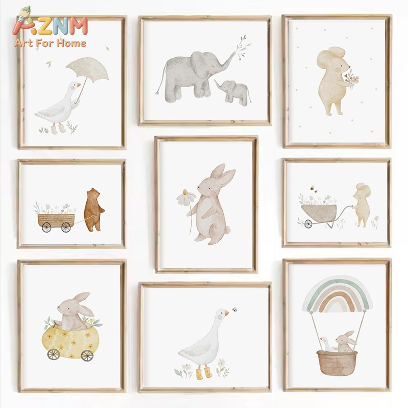Baby Nursery Gender Neutral - AZNM Lukisan Kanvas Hewan Bayi Netral