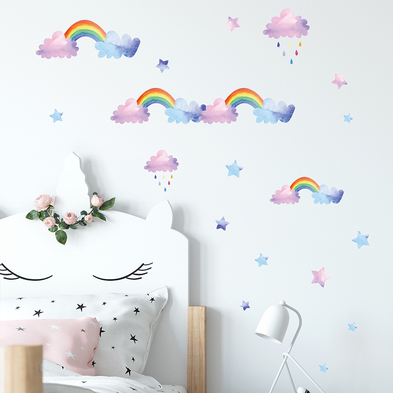 Baby Nursery Mural Wallpaper - Stiker Dinding Pelangi Awan Kartun untuk