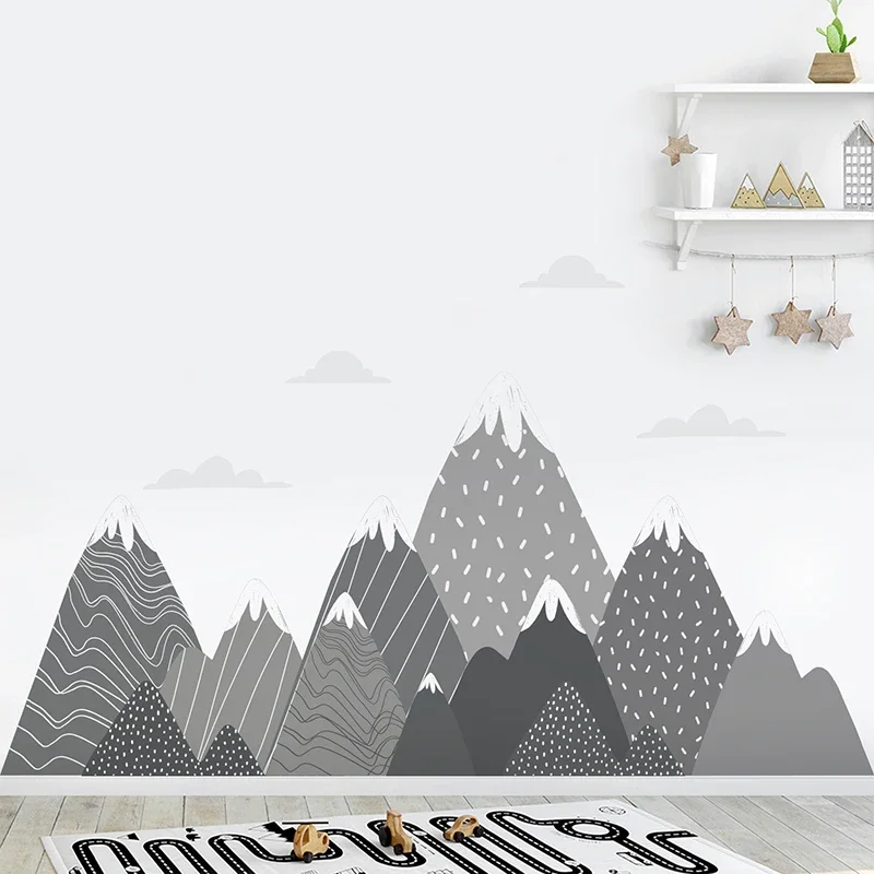 Baby Nursery Mural Wallpaper - Wallpaper Pegunungan Abu-abu Boho Mural Dinding