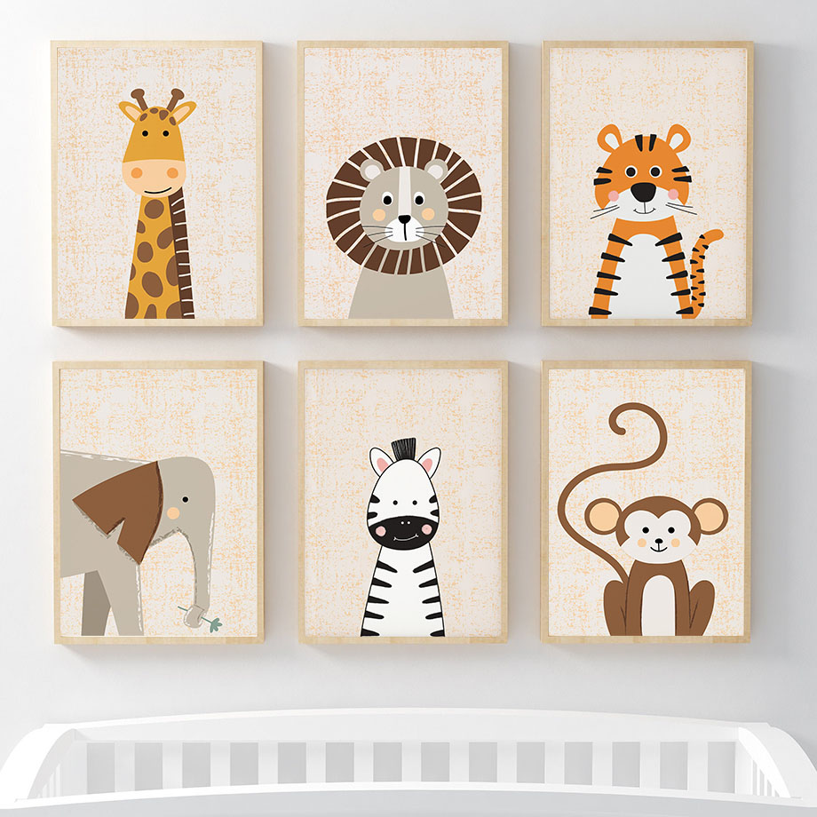 Baby Nursery Jungle Animals - Lukisan Kanvas Seni Dinding Kamar Bayi