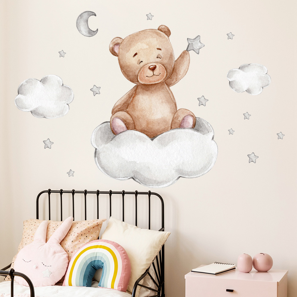 Baby Nursery Mural Wallpaper - Stiker Dinding Beruang Bulan Awan Bintang